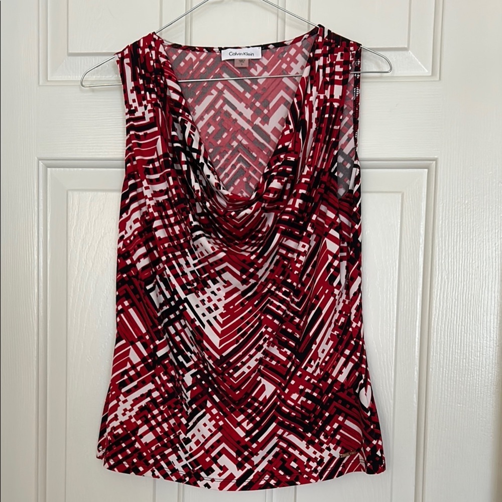 Calvin Klein Ruched Red and Black Blouse Size S